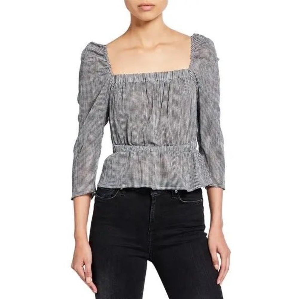 7 For All Mankind Gingham Puff Sleeve Peplum Blouse Black White Square Neck M
